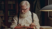 Thoughtful senior writer with white hair and beard working on vintage typewriter, taking notes on paper and contemplating on book in cozy dimly lit study with bookshelves
