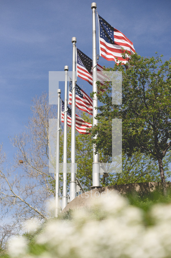 War Memorial with 3 American Flags. Patriotic image taken in Indianapolis, Indiana.