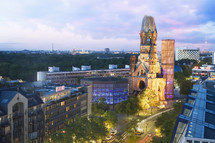 Elevated view of Kaiser Wilhelm Memorial Church at dusk. Berlin, Germany.- for editorial use only.