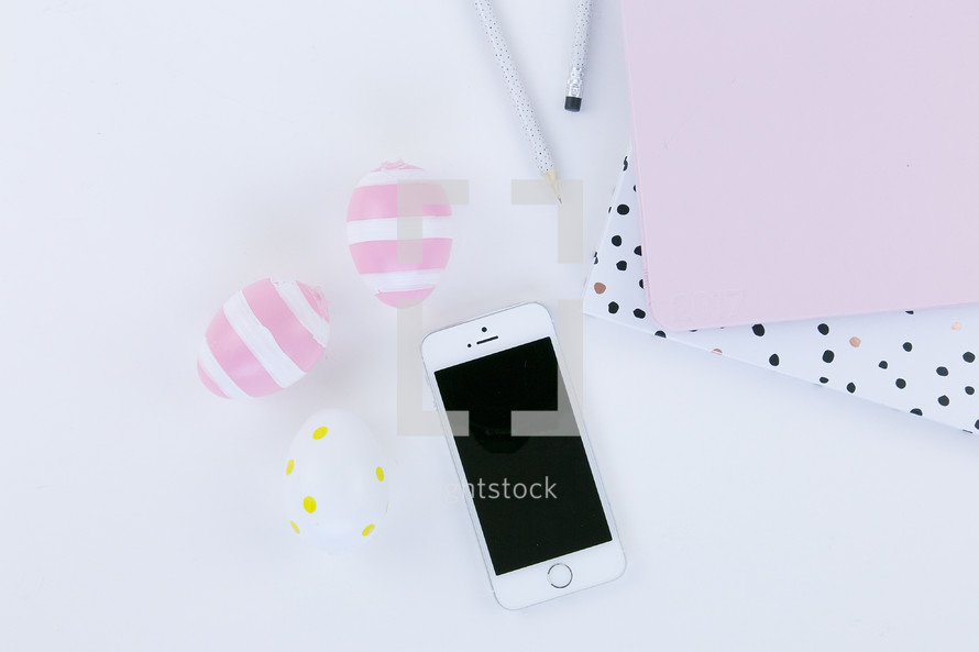 pink, white, yellow, Eater, Easter eggs, iPhone, polka dots, stripes, desk, white background, podcast, notebooks, pencil 