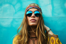 AI Generated Image. Groovy styled woman in front of turquoise wall