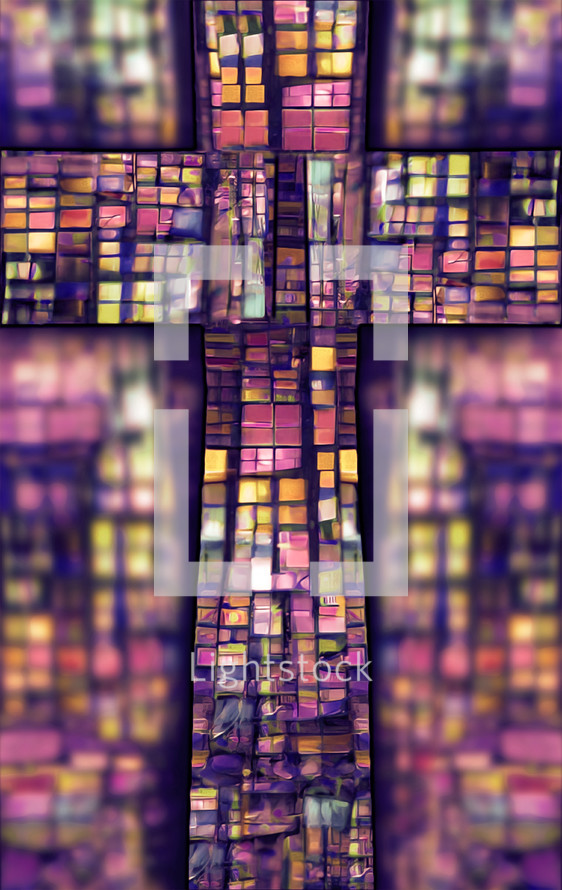 vertical stained glass cross design in muted pink and purple with blurred background - combination of my cross artwork, AI input and further editing