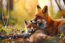 AI Generated Image. Cute serene fox family. Mother’s Day concept