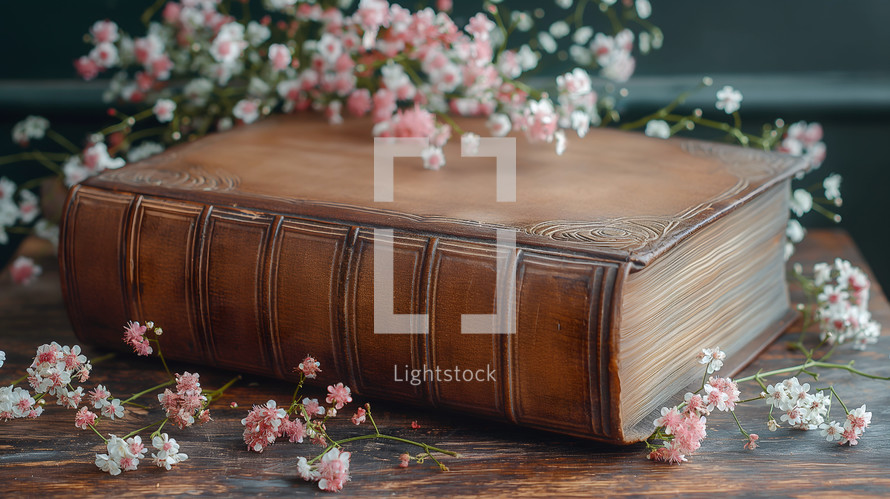 Old Bible on vintage wooden table with some leaves and little white flowers against black wall background
