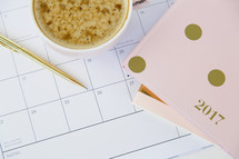 calendar, 2017 planner, latte, mug, pen