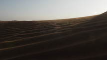 Evening sun in desert landscape. Walking on desert sand dune. Wind blowing sand and dust over middle eastern desert sand dunes in United Arab Emirates landscape during evening sunset in cinematic slow motion.