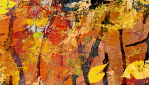 lively abstract autumn art - paint and collage - leaves, tree trunks