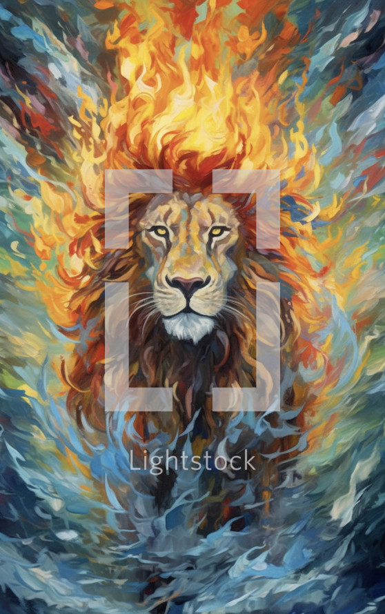 A painting of a majestic Lion with fire and water