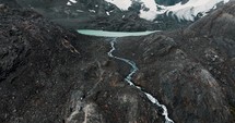 Glaciar Vinciguerra Mountain Hikes And Laguna de los Témpanos In Tierra del Fuego Province, Argentina. Aerial Drone Shot