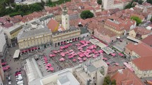 Dolac farmers' market with vendors selling local produce, Zagreb. Drone