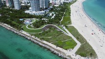 Cinematic view of Miami’s South Pointe Beach and Pier in Florida.