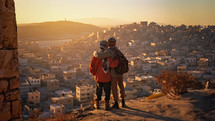 A Palestinian and a Jewish boy embrace as they overlook a settlement in the valley below.