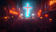 Crowd of people looking at luminous cross in the city. Christian event, concert, festival concept.
