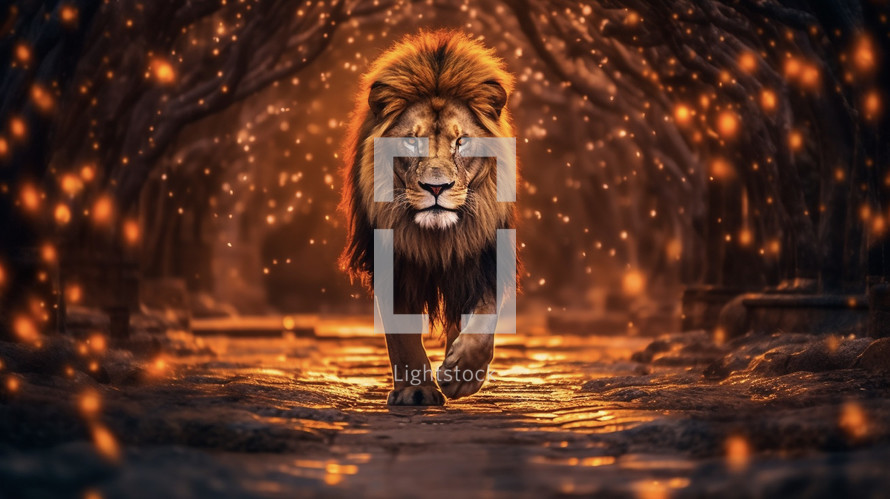 Lion walking through the glowing embers