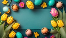Colorful tulips and eggs lying on teal green background with copy space for easter celebration.