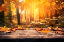 Autumn Orange Leaves and Wooden Plank