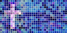 light pink and purple cross on blue mosaic grid with marbling