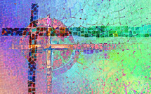 two crosses and a circle with weathered mosaic tile texture - combination of my cross artwork, AI input and further editing