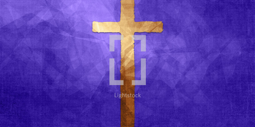 gold brown cross on textured purple geometric background