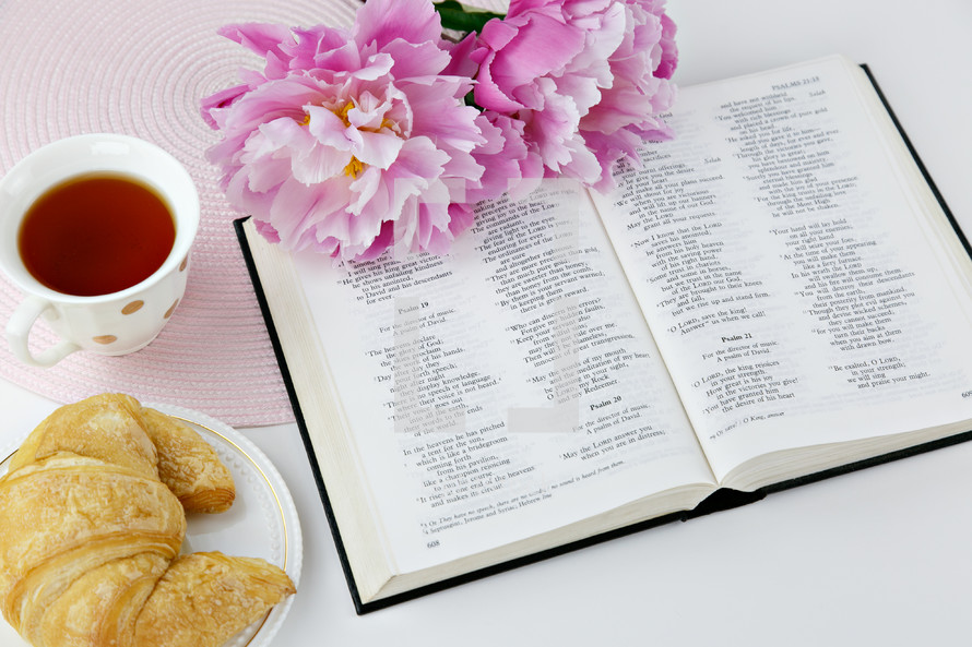 place mat, croissant, cup, tea, pink flowers, pages, open Bible, spring, summer, Psalms 