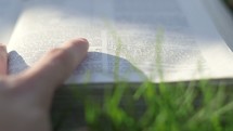 a woman reading a Bible in grass