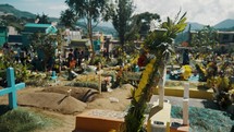 Marigold Flower Arrangement Over Headstone On The Graveyards In Sumpango, Guatemala. Rotating Shot