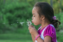 a girl blowing dandelion seeds