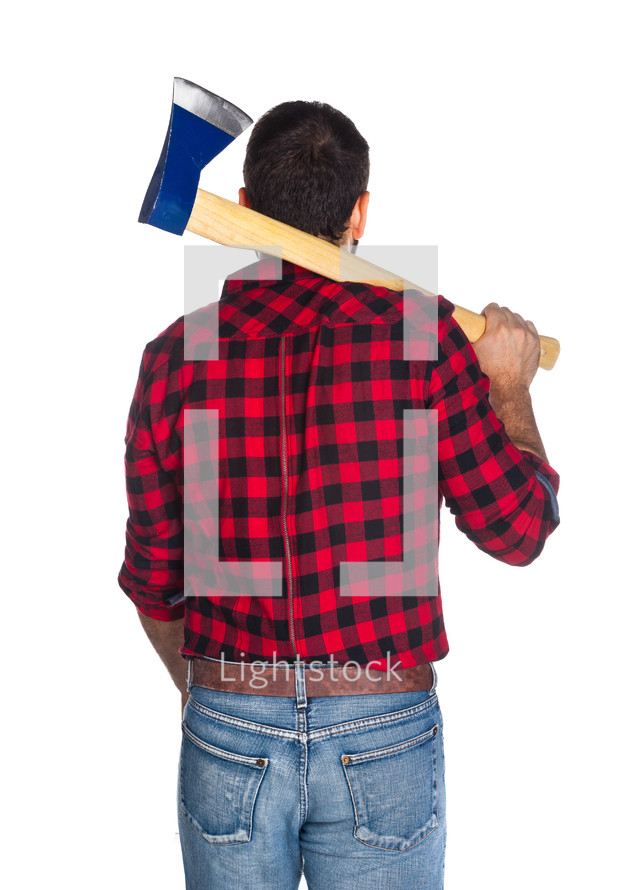 Lumberjack with plaid shirt from behind on white background