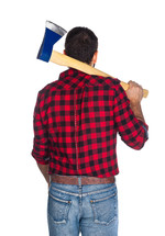 Lumberjack with plaid shirt from behind on white background