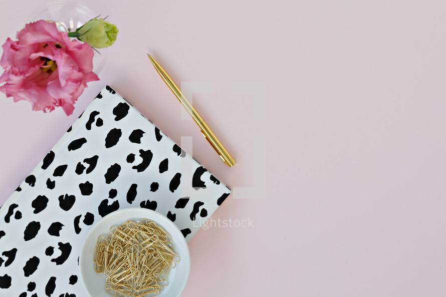 dalmatian spotted notebook, gold pen, paperclips