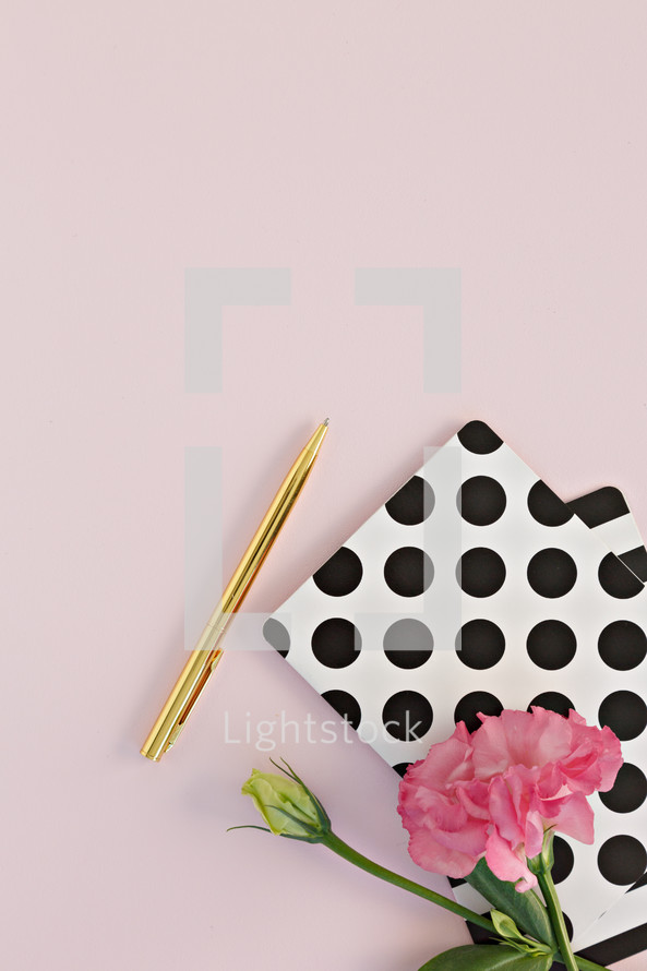 polka dot notebook, pink carnation, and gold pen 