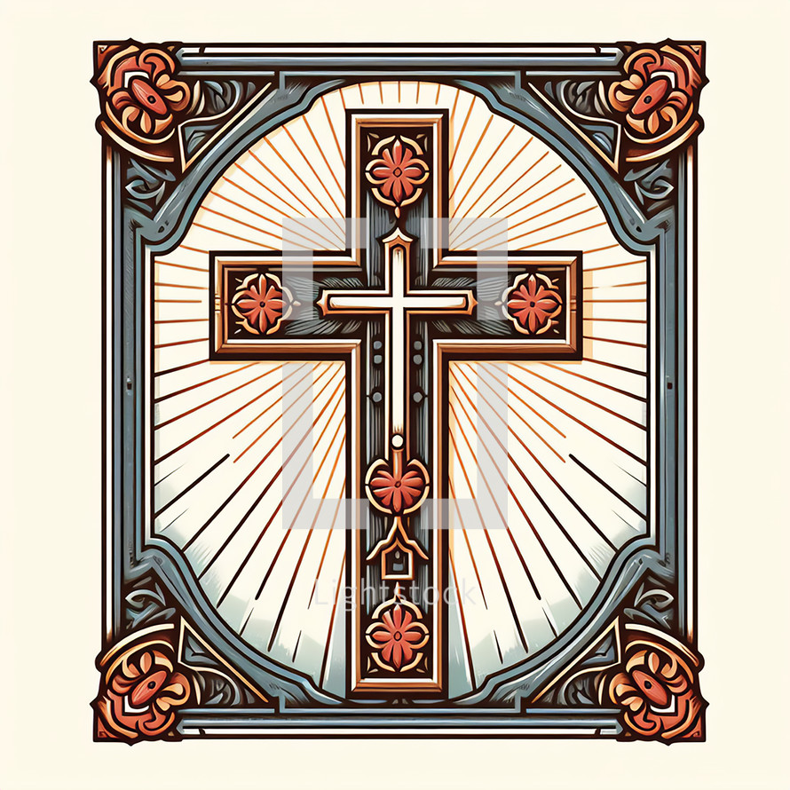 vintage style cross design in muted greenish blue gray with orange accents on cream background