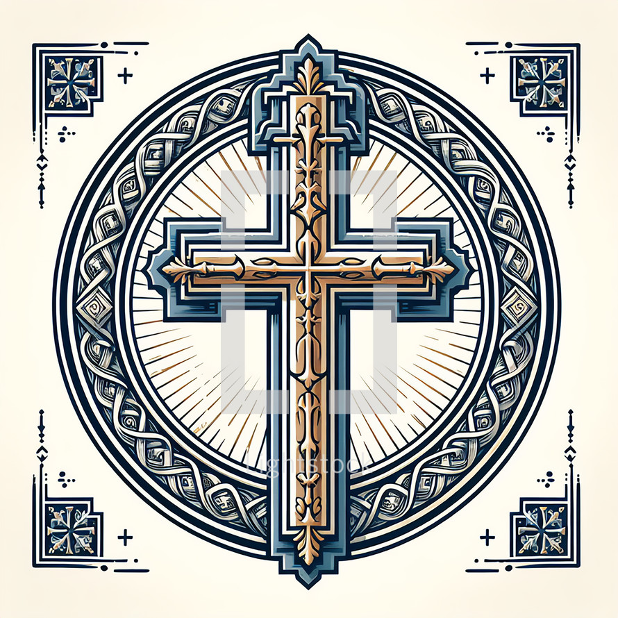 vintage style cross design in muted blue and tan on cream background