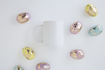 pastel gold speckled Easter eggs and mug