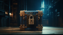 Locked blue chest with a padlock. 