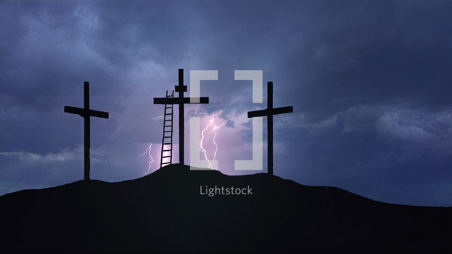 Calvary hill with cloudy sky and lightnings.
