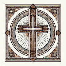 vintage style cross artwork in brown, tan, muted blue against a white background