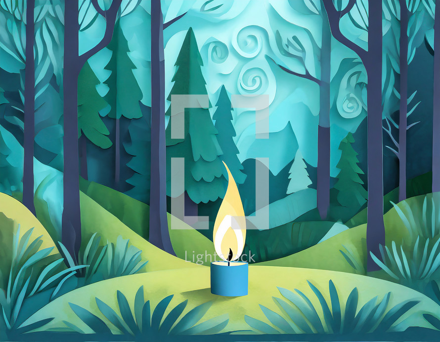 An abstract candle lit in the forest 