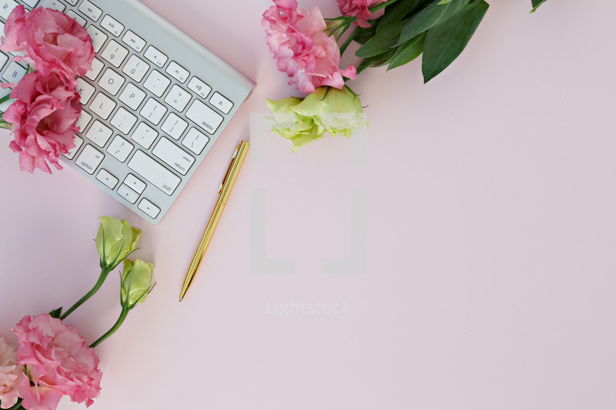 pink carnations, gold pen, and keyboard 