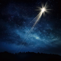 Nativity Star shining in the blue sky over Bethlehem. Bible illustration