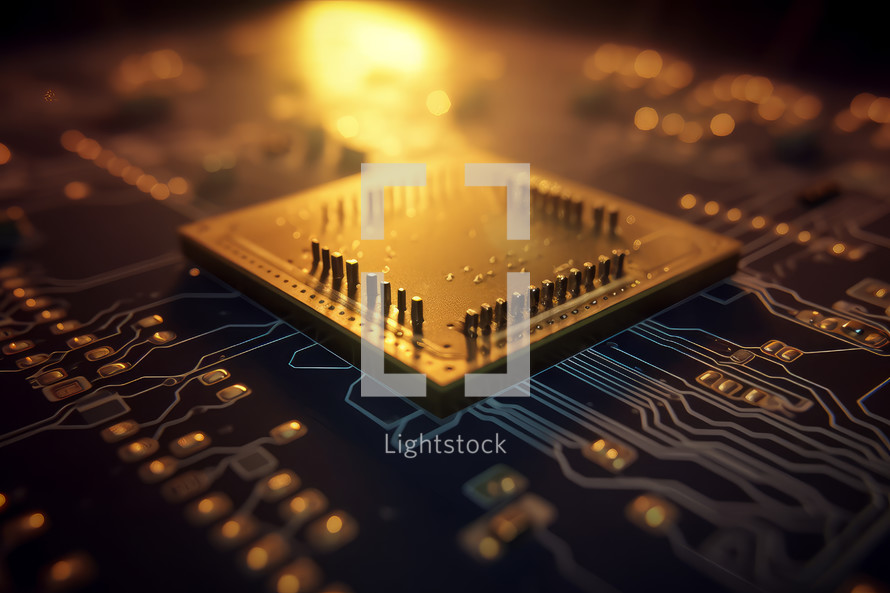 AI generated image. Golden shiny microchip