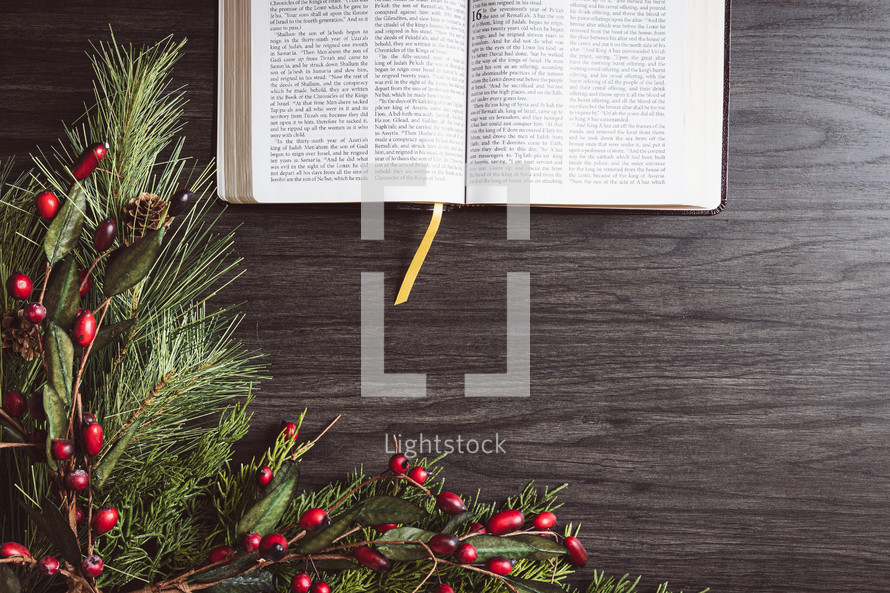 Christmas garland with berries and open Bible