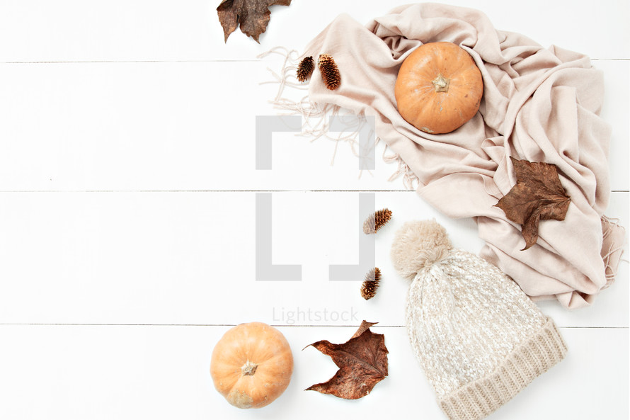 pumpkins, leaves, scarf, and pine cones on a white background 