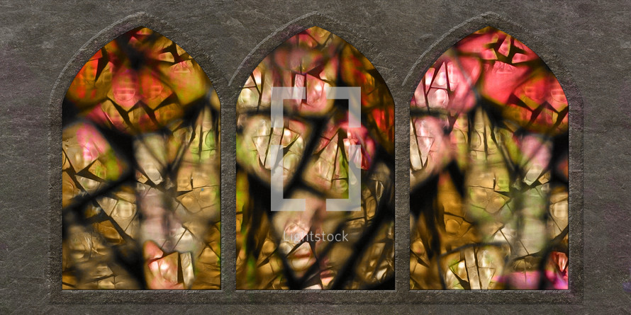 autumn colors in stained glass window arches 