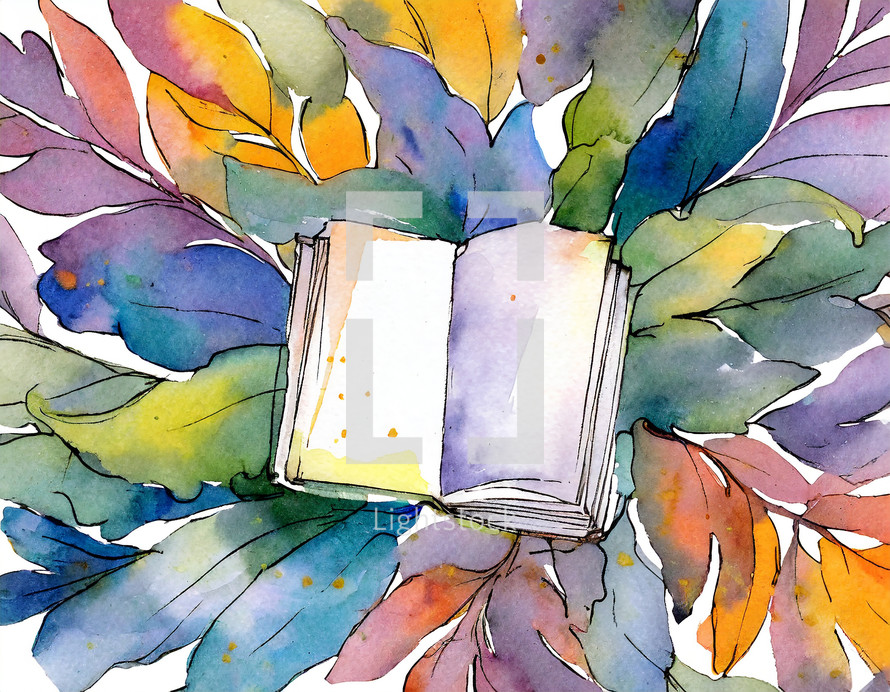 Top view of a blank book with vibrant watercolor leaves