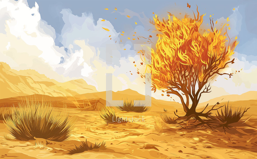 Illustration artwork of the burning bush in the desert