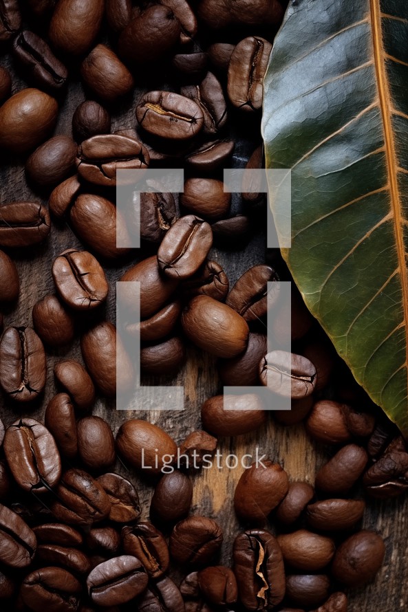 Coffee beans and leaves on a rustic wood background