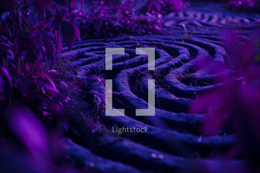 AI Generated Image. Surreal purple garden labyrinth