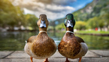 Two AI-generated ducks looking right at you with a beautiful lake and mountains behind them.
