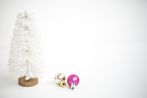 white bottle brush Christmas tree and ornaments 